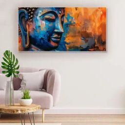 Nestroots Blue & Orange Canvas Buddha Head In Vibrant Colors Wall Painting - White Floating Frame-25