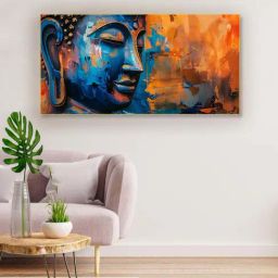 Nestroots Blue & Orange Canvas Buddha Head In Vibrant Colors Wall Painting - Gold Floating Frame-28