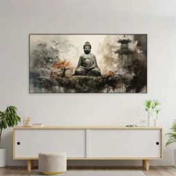 Nestroots Grey Canvas Buddha In Tranquillity On Rock Wall Painting - Single Frame-30