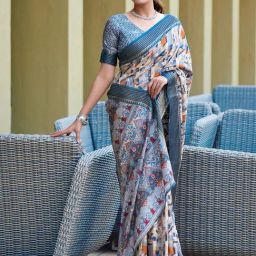 Satrani Cream Silk Blend Printed Saree With Unstitched Blouse-image-81