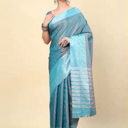 Soch Womens Teal Geometric Woven Design Jacquard Weave Art Silk Saree-image-94