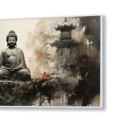 Nestroots Grey Canvas Buddha In Tranquillity On Rock Wall Painting - Black Floating Frame image 3