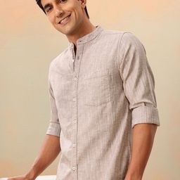 Mast & Harbour Solid Cotton Linen Mandarin Collar Shirt-image-76