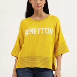 United Colors of Benetton Yellow Cotton Logo Work Top-image-9