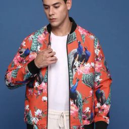 Showoff Orange Nylon Slim Fit Abstract Jacket-image-4