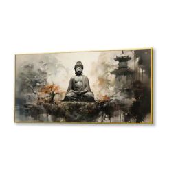 Nestroots Grey Canvas Buddha In Tranquillity On Rock Wall Painting - Gold Floating Frame image 2
