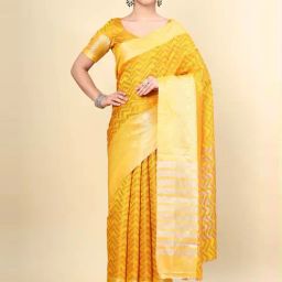 Soch Womens Mustard Chevron Woven Design Jacquard Weave Art Silk Saree-image-5