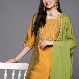 Libas Women Mustard Yellow Floral Yoke Design Mirror Work Kurta with Trousers & With Dupatta-14