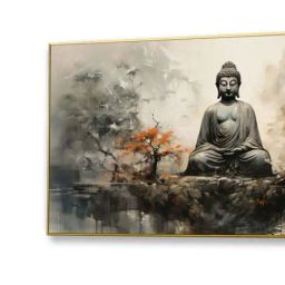 Nestroots Grey Canvas Buddha In Tranquillity On Rock Wall Painting - Gold Floating Frame image 4