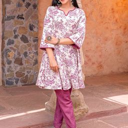 indy Raaga Pure Cotton Printed V-Neck Top & Trousers Co-Ords Set-image-96
