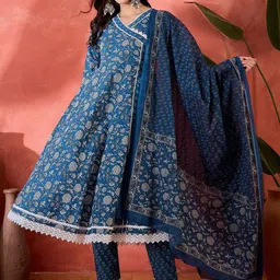 Sangria Women Floral Printed Pure Cotton A-Line Kurta With Trouser & Dupatta-2
