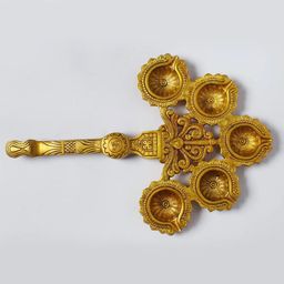 Exotic India Gold Toned Handheld Arti Diya Brass Pooja Essentials-image-64