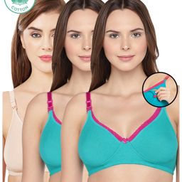 Inner Sense Pack Of 3 Organic Antimicrobial Laced Soft Nursing Bra - Green & Cream-image-91