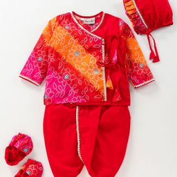 BownBee Full Sleeves Bandhni Printed Kurti With Dhoti Pants - Red-image-63
