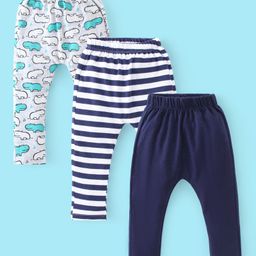 Babyhug Cotton Knit Full Length Diaper Pants Stripes & Hippo Print Pack Of 3- Grey White & Blue-image-14