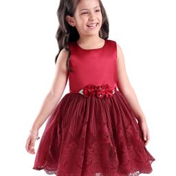 Mark & Mia Sleeveless Party Frock with Floral Applique - Maroon-image-93