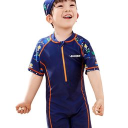 Little Surprise Box Half Sleeves Alligator Printed Swimwear With Coordinating Swim Cap With UPF 50+ - Dark Blue-image-4