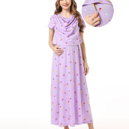 Bella Mama Women Cotton Concealed Zipper  Half sleeves  Nurisng Knit Nighty - Lilac-image-3