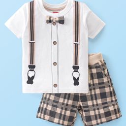 Babyhug 100% Cotton Knit Single Jersey Half Sleeves T-Shirt & Shorts With Suspender Print Bow Detailing - White & Brown-picture-36