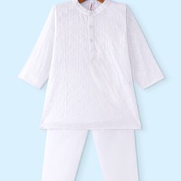 Babyhug 100% Cotton Full Sleeves Schiffly Kurta & Pyjama Set Solid Colour - White-image-22