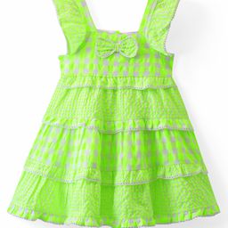Babyhug Seer Sucker Woven Cap Sleeves Checkered Frock with Bow Applique - Green-image-78