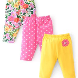 Babyhug Cotton Lycra Three Fourth Length Legging Polka Dot & Floral Print Pack Of 3 - Yellow White & Pink-image-68