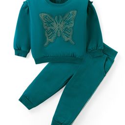 Babyhug Cotton Knit Full Sleeves Top & Jogger Pants Set With Sequins Butterfly - Green-image-25