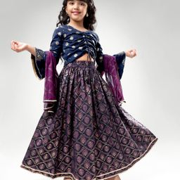 EARTHY TOUCH Single Jersey Premium Knit Full Bell Sleeves Foil Printed Choli Lehenga Set with Dupatta & Lace Detailing - Purple-image-82