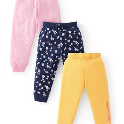 Babyhug Cotton Knit Full Length Lounge Pants Floral & Polka Dots Print with Bow Applique Pack of 3 - Multicolour-image-16