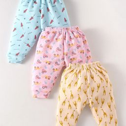 Bodycare Cotton Full Length Anti Bacterial Space Animal & Vehicle Theme Printed Thermal Pants Pack of 3 - Blue Pink & Yellow-image-25