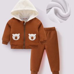 Kookie Kids Full Sleeves Hooded Textured Winter Wear Suit With Bear Applique - Brown-image-31