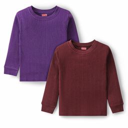 Babyhug Pull Over Full Sleeve Solid Color Thermal Vests Pack of 2 - Coffee & Purple-image-75