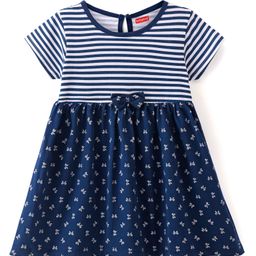 Babyhug Cotton Knit Half Sleeves Fit & Flare Frock With Bow Print & Applique- Navy Blue-image-95