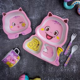 The Bamboo Co Bamboo Kids/Baby Feeding/Dinner Set of 5- Pink Pterosaur-image-3