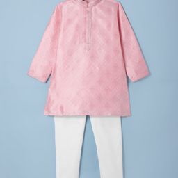 Robo Fry Silk Full Sleeves Kurta Pyjama Set with Texture Detailing- Pink & White-image-80
