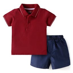 Babyhug Single Jersey Knit Half Sleeves Solid Colour Polo T-Shirt & Denim Shorts Set - Red & Blue-image-76