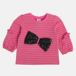 MINI KLUB Cotton Full Puffed Sleeves Striped Bow Embellished Top - Hot Pink-image-63