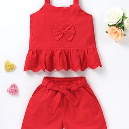 Kookie Kids Schifilli Knit Sleeveless Solid Colour Top & Shorts Set With Bow Detailing - Red-image-53