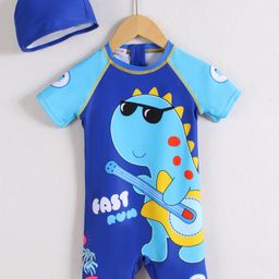 Mark & Mia Half Raglan Sleeves Legged Swimsuit with Cap Dino Print - Blue-picture-13
