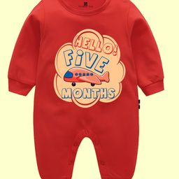 The Peppy Tend Monthly Birthday Theme 100% Cotton Full Sleeves Hello Five Months Text Printed Romper - Red-picture-47
