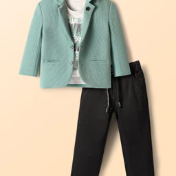 Rikidoos Full Sleeves Ribbed Blazer With Typography Printed Tee & Pant Set - Sea Green & Black-image-11