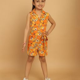 Mini & Ming Rayon Sleeveless Floral Printed Shirt Style Jumpsuit - Yellow-image-11