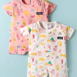 WOW Clothes Sinker Knit Half Sleeves Animal & Fruit Printed Rompers Pack of 2 - Off White & Peach-image-97