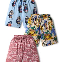 Teddy Sinker Knit Knee Length Shorts With Vehicles & Animal Print Pack Of 3 - Light Blue White & Light Red-image-81