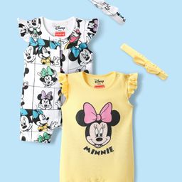 Babyhug Disney Interlock Knit Frill Sleeves Front Open Rompers with Headband & Minnie Mouse Graphics Pack of 2 - White & Yellow-image-95