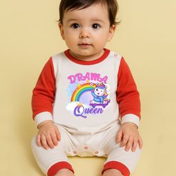 The Peppy Tend 100% Cotton Knit Full Sleeves Drama Queen Text & Baby Unicorn Printed Romper - White & Red-image-86