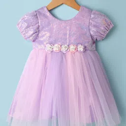 Babyhug Woven Puffed Sleeves Flared Party Dress with Sequins - Lavender-picture-18