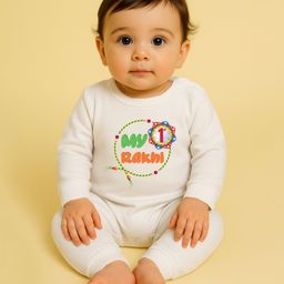 The Peppy Tend 100% Cotton Knit Rakshabandhan Theme Full Sleeves My 1st Rakhi Text Printed Romper - White-image-43