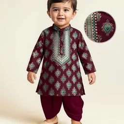 EARTHY TOUCH Single Jersey Knit Full Sleeves Kurta Dhoti Set with Motif Glitter Print - Maroon-picture-32