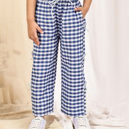 NEUDIS Cotton Blend Woven Gingham Checked Wide Legged Pants - Navy Blue & White-picture-17